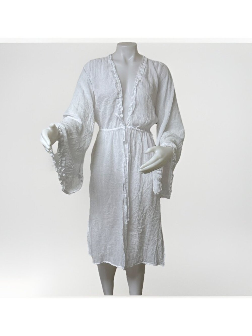 Womens Coverup Ruffled Duster Sheer Greek Goddess White Size L Long Sleeve Beach